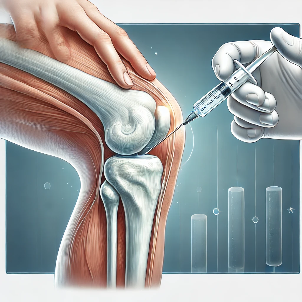 DALL·E 2024 12 16 18.31.04 An illustration of a knee joint being treated with an injection. The image clearly shows the anatomy of the knee with a syringe gently administering m