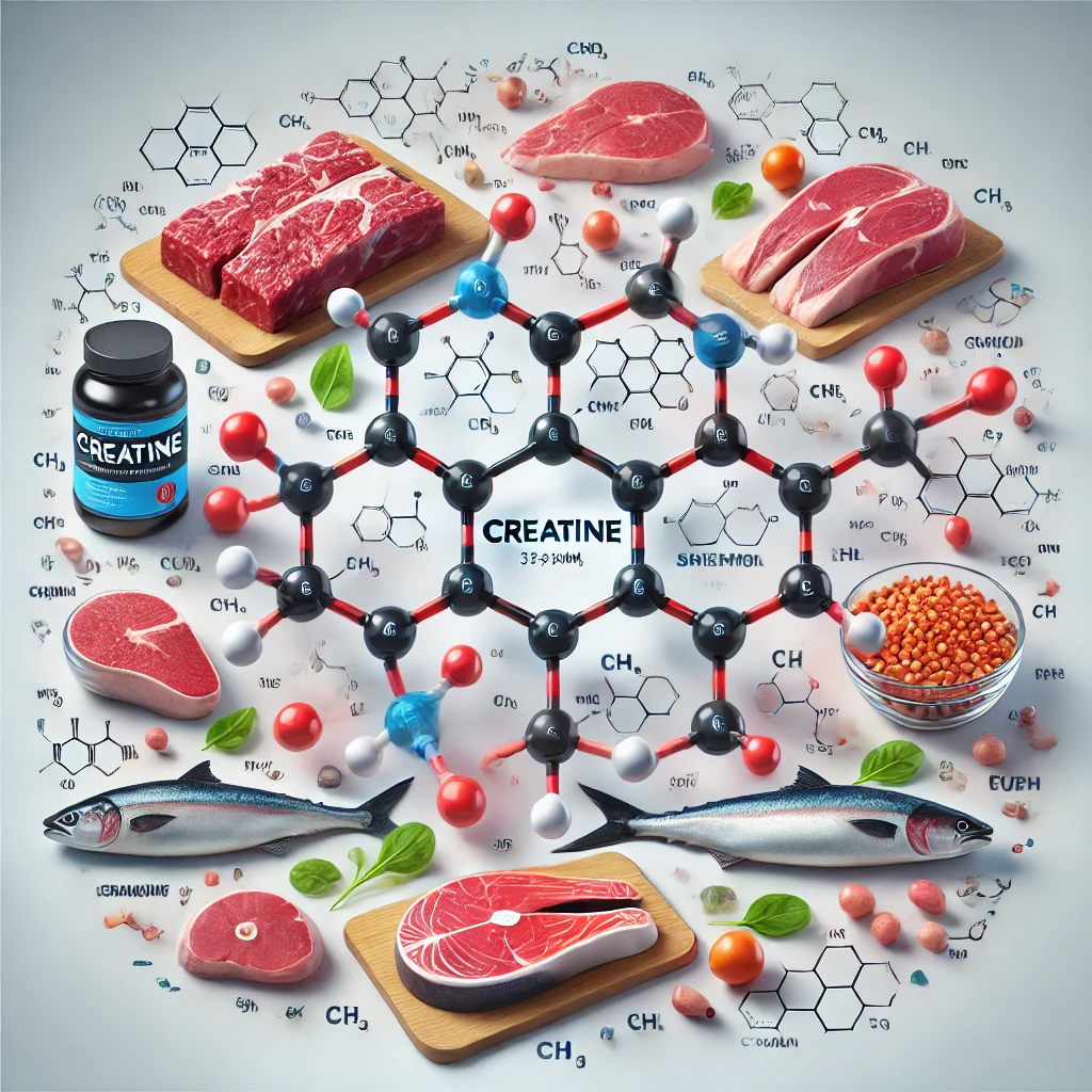 DALL·E 2024 12 16 17.31.01 A detailed graphic showing the chemical structure of creatine in a scientific style with molecular bonds and labels. Surrounding the chemical structu